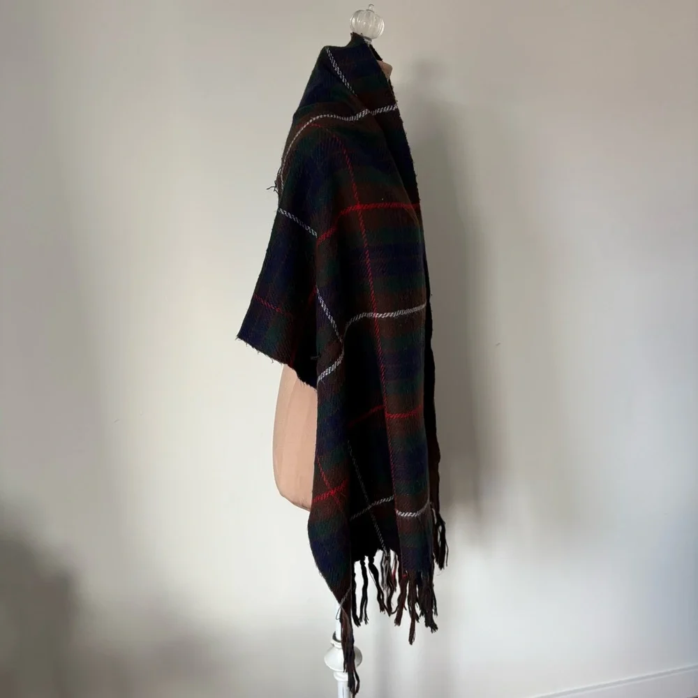 Christian Dior Vintage Acrylic Knit Brown Blue Plaid Fringe Trim Scarf One Size